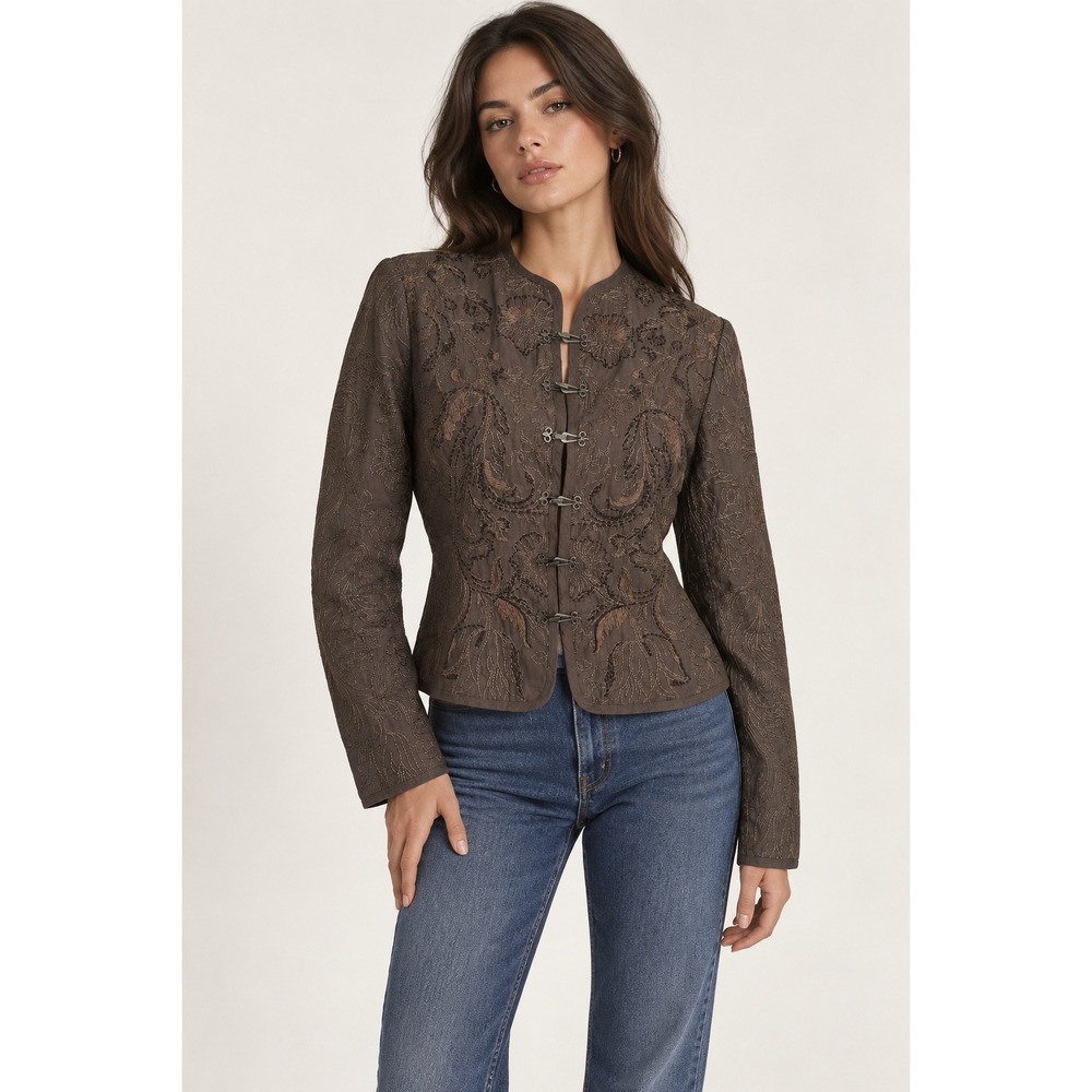 Boho Artsy Womens Embroidered Floral Mandarin Collar Frog Closure Jacket S